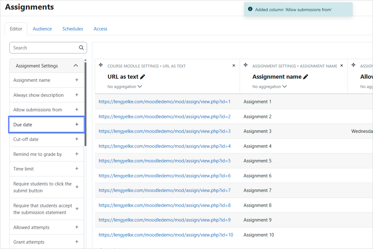 Adding the 'Due date' Column