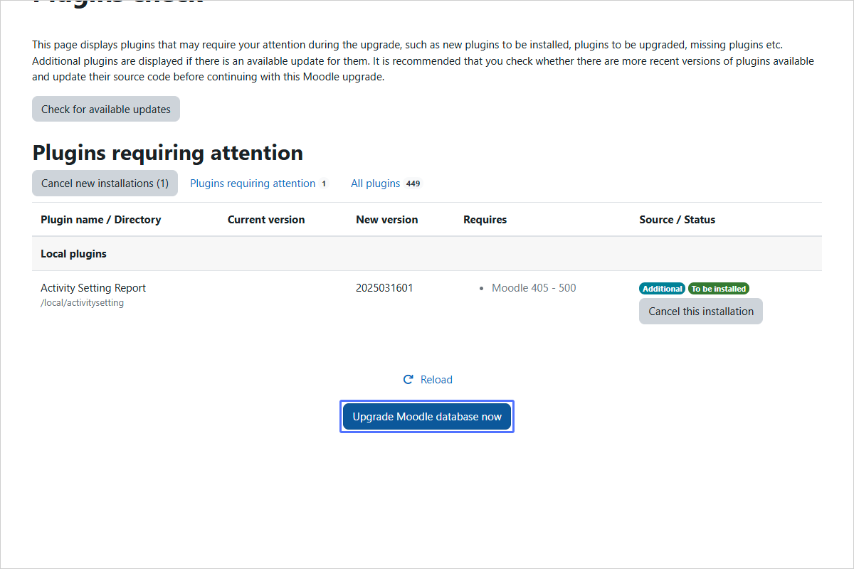 Upgrading Moodle Database